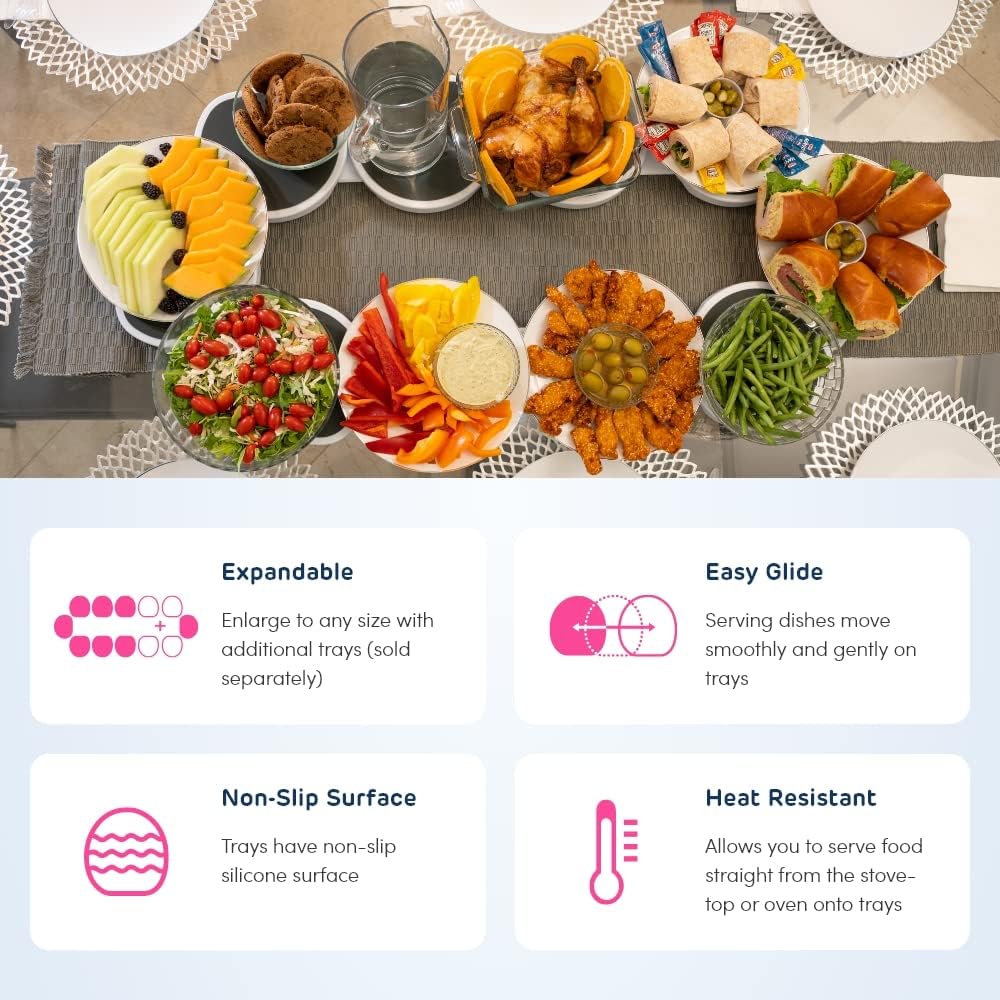 Rotating tray on a dining table with expandable, easy glide, non-slip and heat resistant benefits