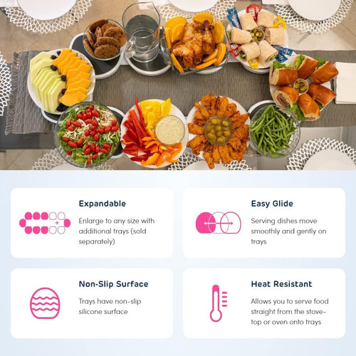 Rotating tray on a dining table with expandable, easy glide, non-slip and heat resistant benefits