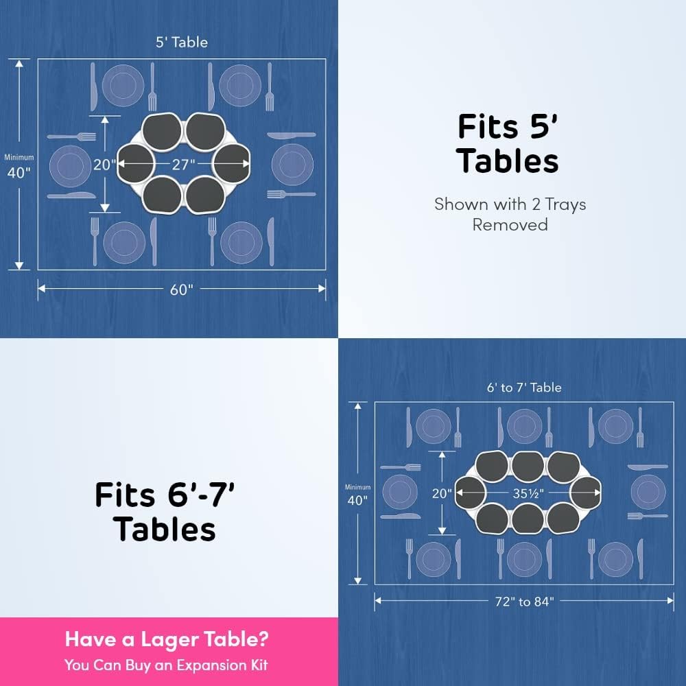 Rotating serving tray sizes for 5 foot and 6 to 7 foot tables